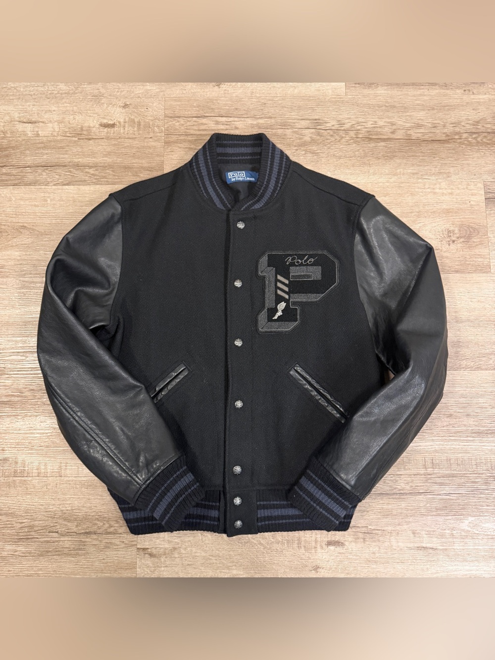 Polo Ralph Lauren Black Letterman Varsity Jacket Wool Leather